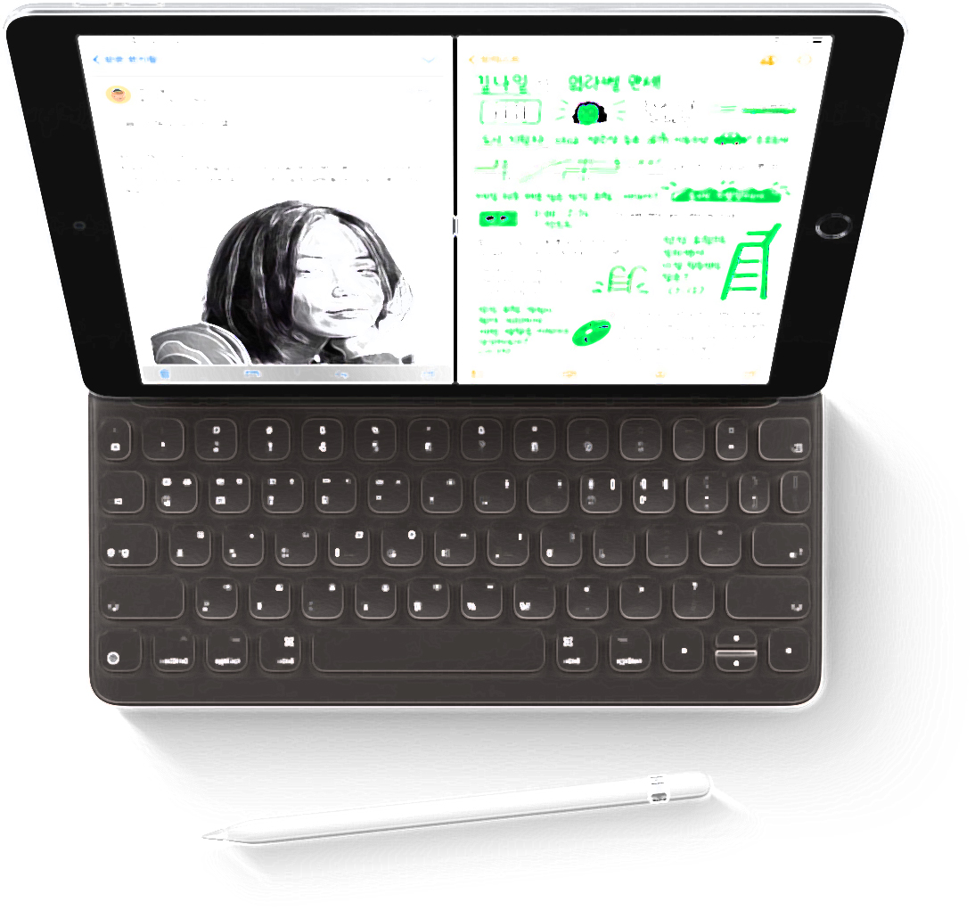 Smart Keyboard와 Apple Pencil이 갖춰진 iPad에서 Split View로 Mail 앱의 이메일과 메모 앱의 손글씨 필기